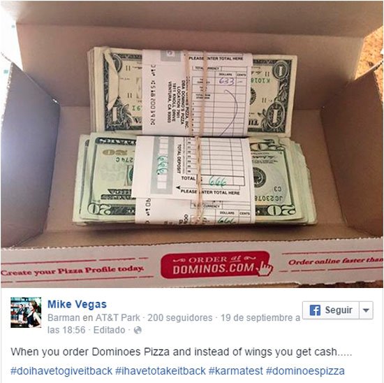 Pide una ración de alitas de pollo y le dan una caja con 1.300 dólares.